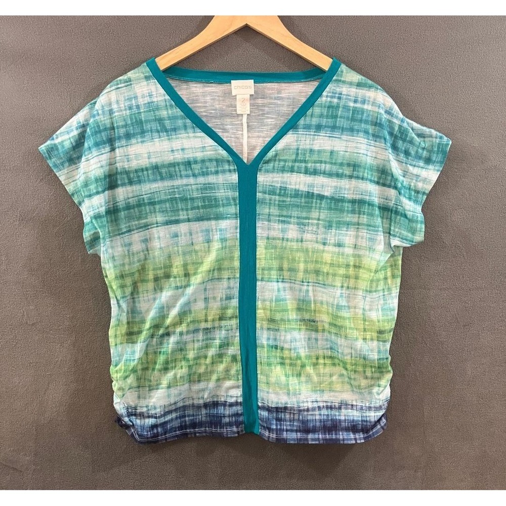 Chicos V-Neck Abstract Stripe Dolman Top Teal Green Casual Resort Size 2 Large